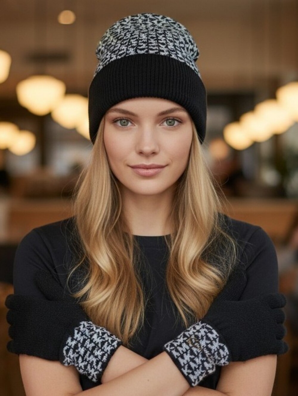 NWT NEW Michael Kors BLACK & white signature Logo Bennie Hat & Gloves SET